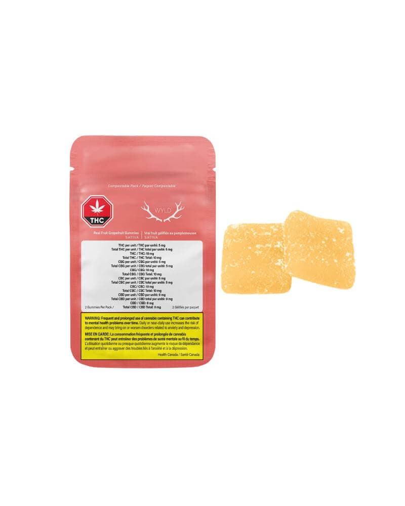 Wyld - Multipack of 10, Wyld Grapefruit 1:1:1 THC:CBG:CBC Gummies (100mg THC : 100mg CBG : 100mg CBC)