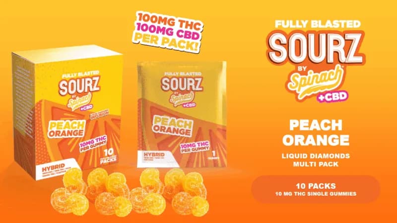 SOURZ by Spinach Multipack of 10, Fully Blasted Peach Orange 1:1 THC CBD 1 x 10mg Soft Chews 50g — Edible