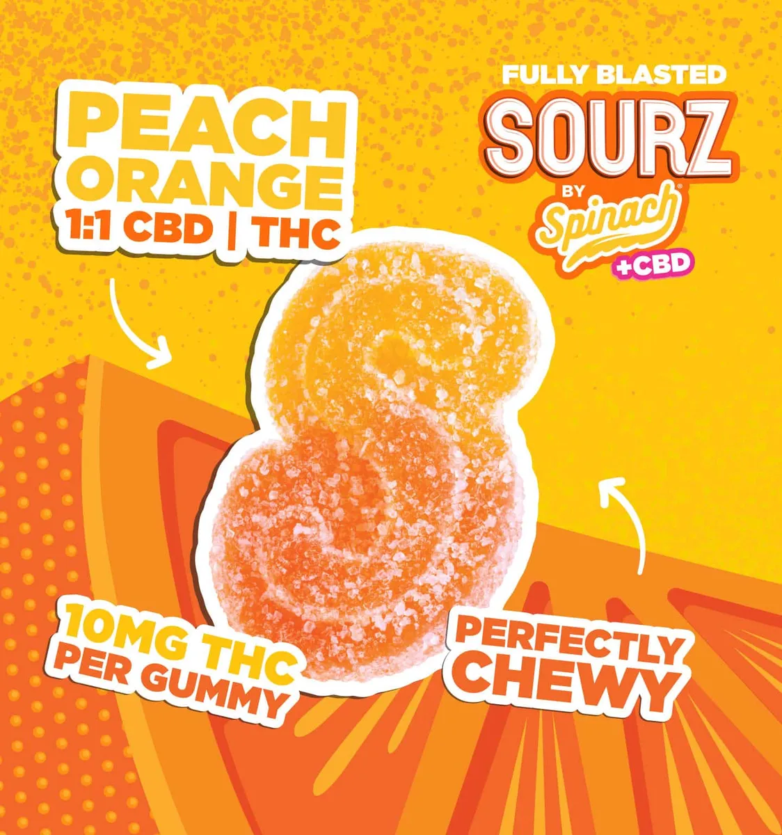 SOURZ by Spinach SOURZ by Spinach Fully Blasted Peach Orange 1:1 THC CBD 1pc Soft Chew 5g — Edible