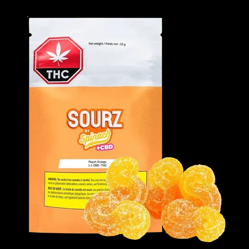Spinach SPINACH SOURZ PEACH ORANGE 1:1 SOFT CHEWS 25g — Edible