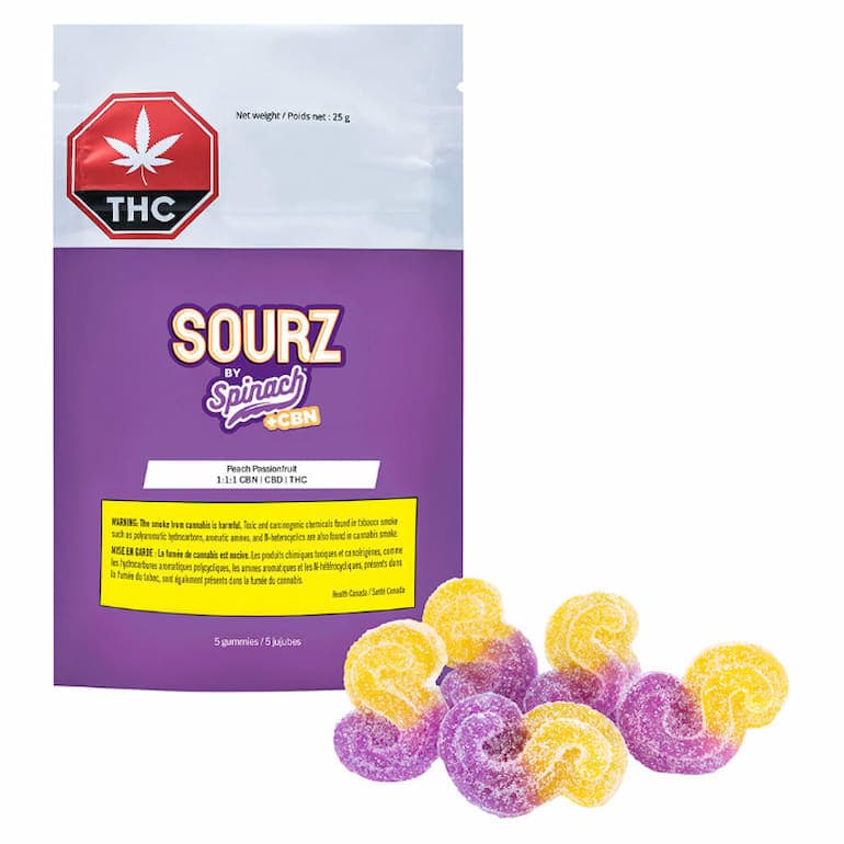 SOURZ by Spinach - SOURZ by Spinach Peach Passionfruit 1:1:1 CBN:CBD:THC 5pk Soft Chews by SOURZ by Spinach - Edibles