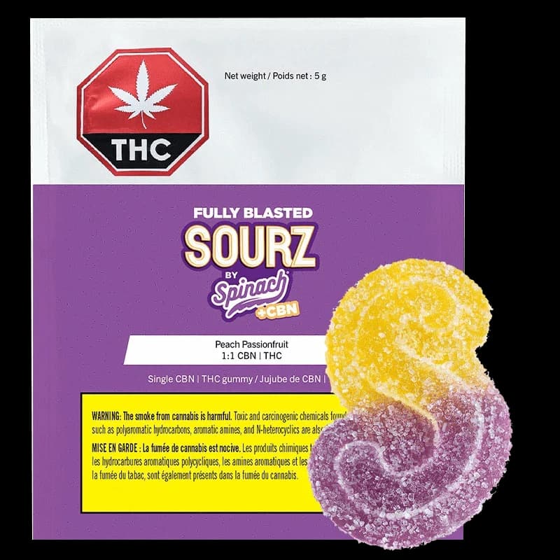 SOURZ by Spinach - Fully Blasted Peach Passionfruit 1:1 CBN THC 1pk soft chew by SOURZ by Spinach - Edibles